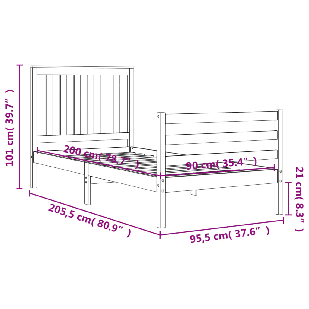 Berkfield Bed Frame with Headboard 90x200 cm Solid Wood