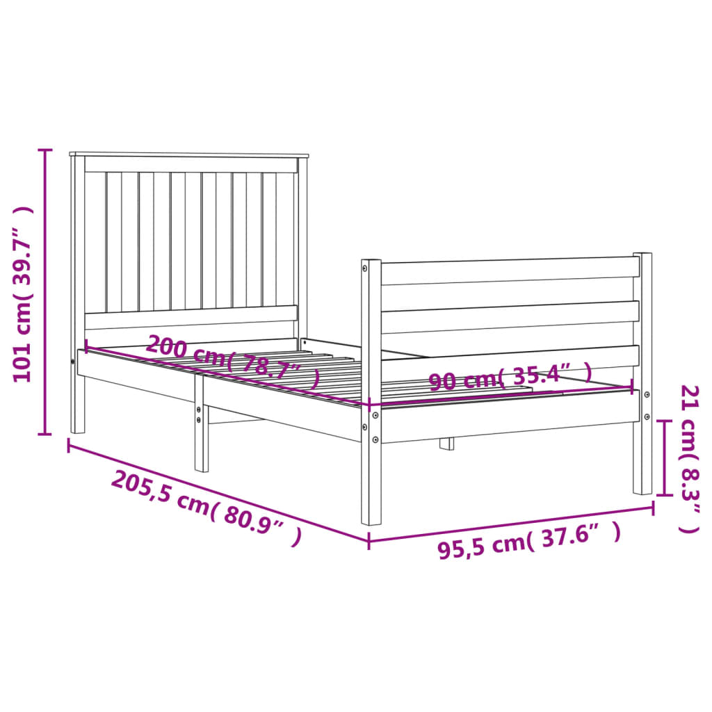 Berkfield Bed Frame with Headboard Grey 90x200 cm Solid Wood