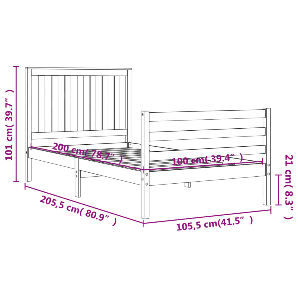 Berkfield Bed Frame with Headboard Grey 100x200 cm Solid Wood