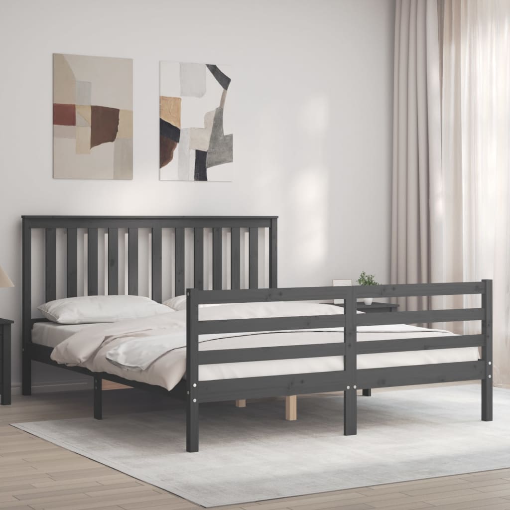 Berkfield Bed Frame with Headboard Grey King Size Solid Wood