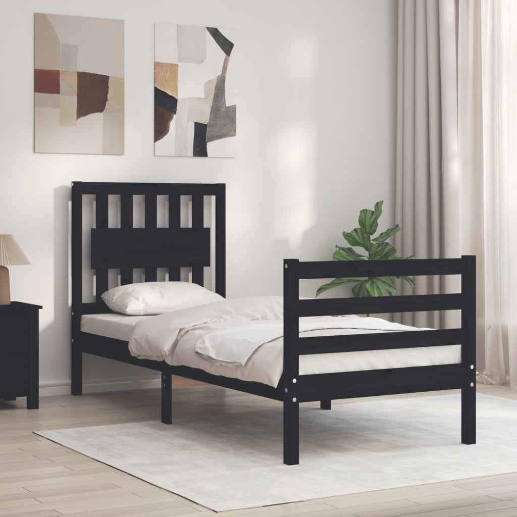 Berkfield Bed Frame with Headboard Black Small Single Solid Wood