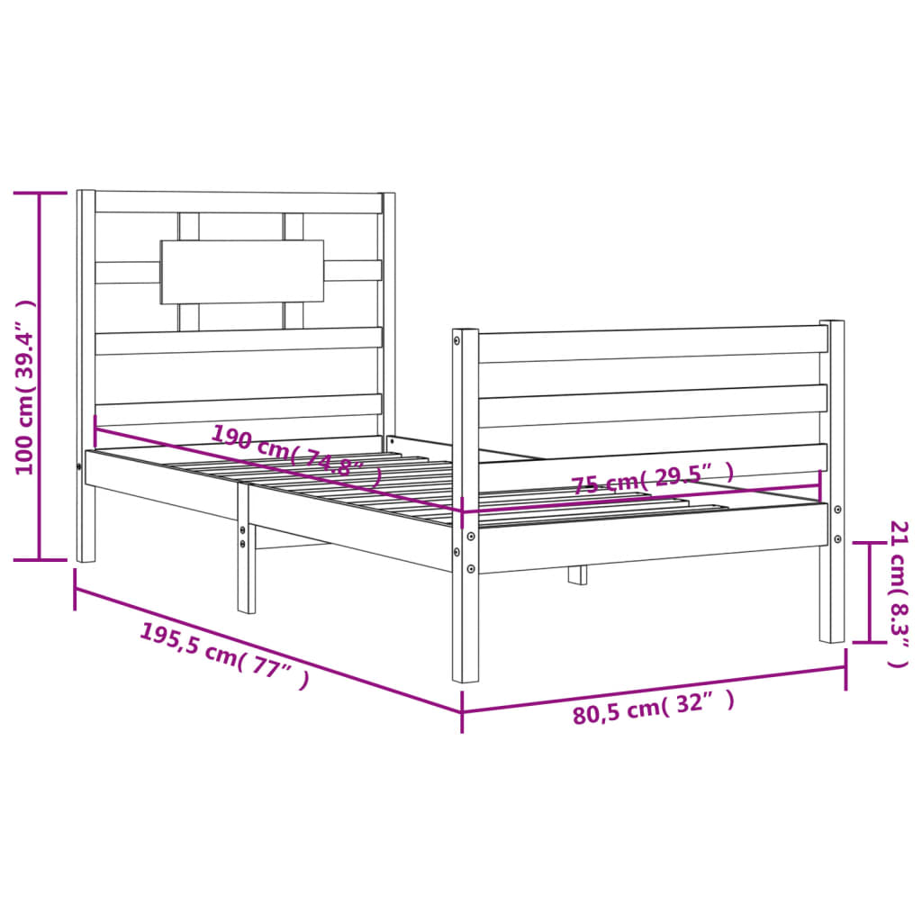 Berkfield Bed Frame with Headboard Black Small Single Solid Wood