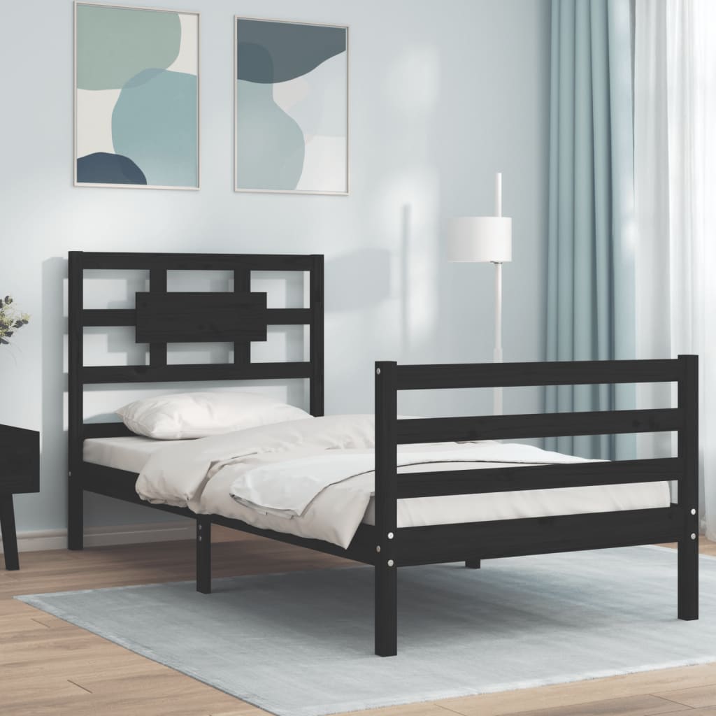 Berkfield Bed Frame with Headboard Black Single Solid Wood