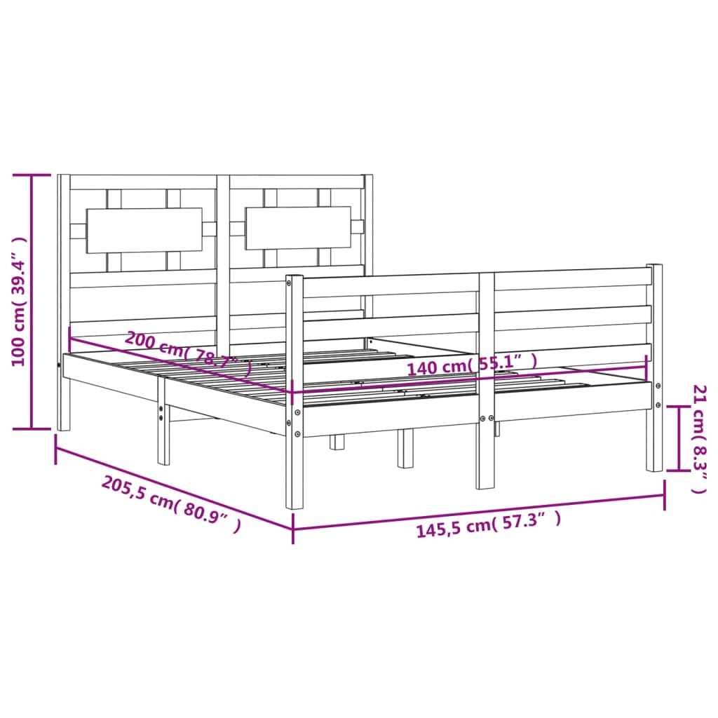 Berkfield Bed Frame with Headboard Black 140x200 cm Solid Wood