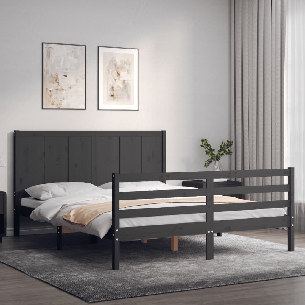 Berkfield Bed Frame with Headboard Grey King Size Solid Wood