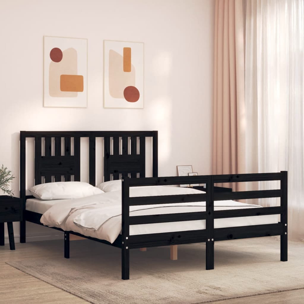 Berkfield Bed Frame with Headboard Black Small Double Solid Wood