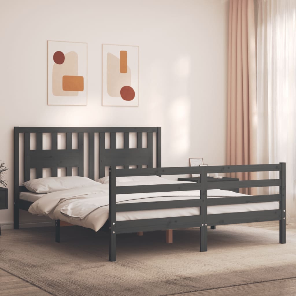 Berkfield Bed Frame with Headboard Grey King Size Solid Wood
