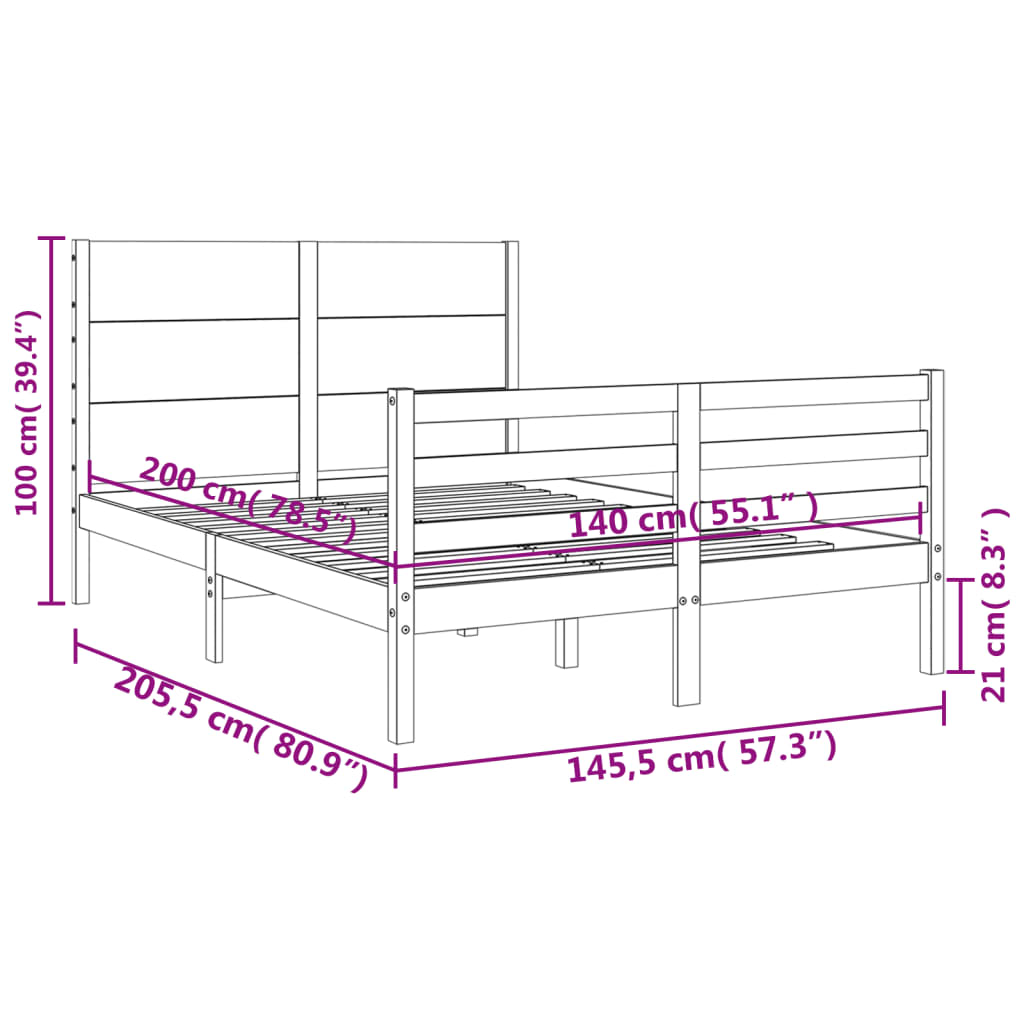 Berkfield Bed Frame with Headboard Grey 140x200 cm Solid Wood