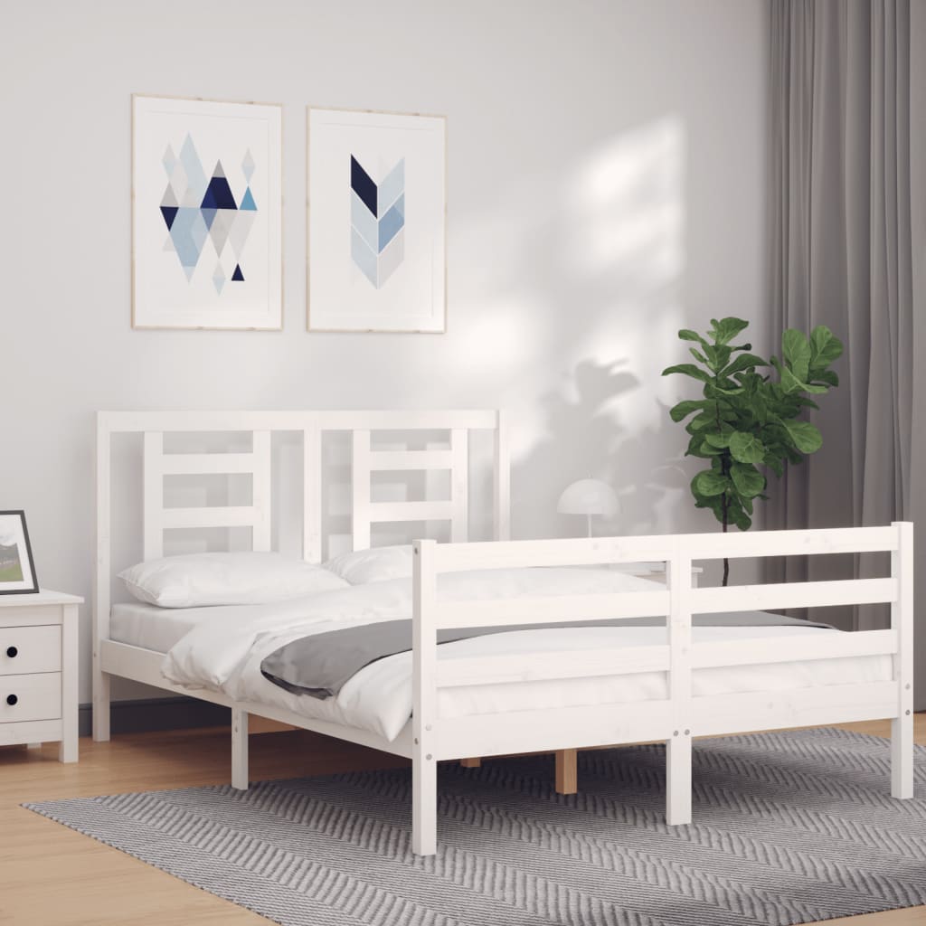 Berkfield Bed Frame with Headboard White Double Solid Wood