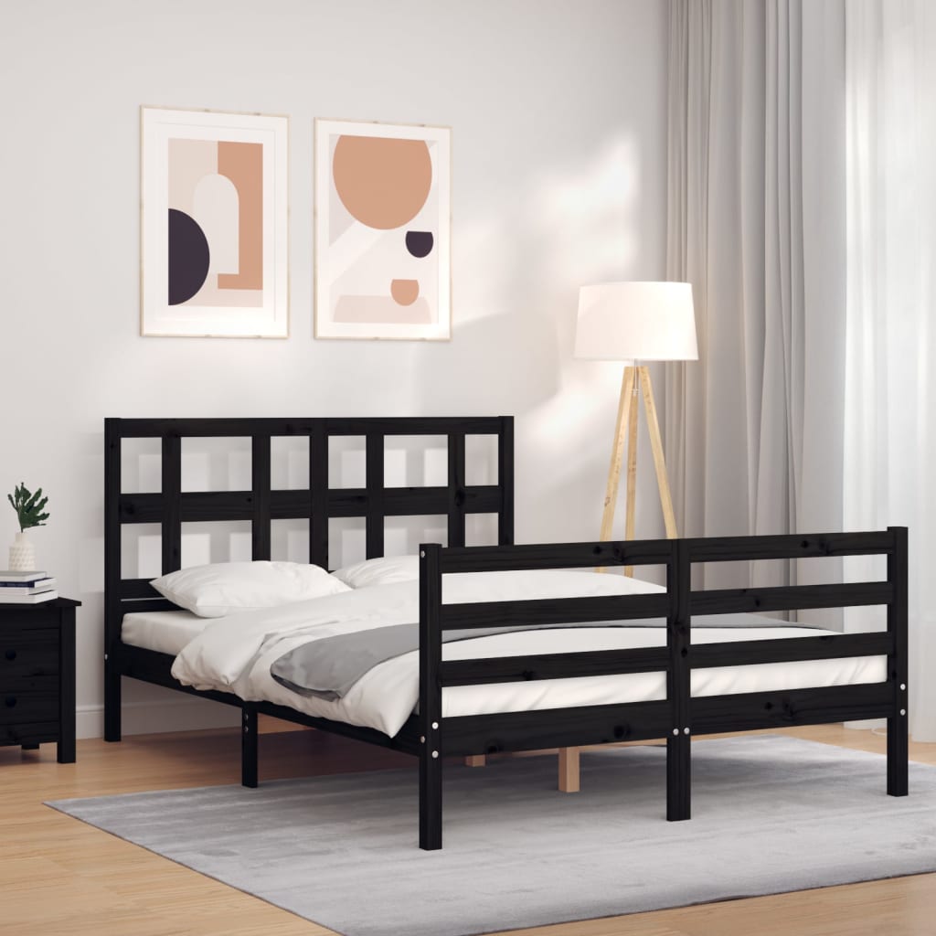 Berkfield Bed Frame with Headboard Black Double Solid Wood
