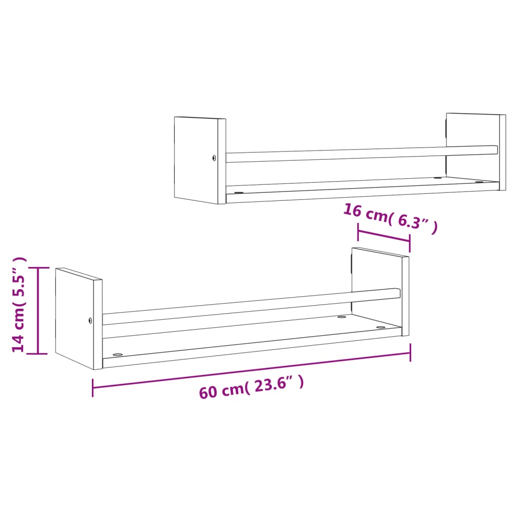 Berkfield Wall Shelves with Bars 2 pcs Brown Oak 60x16x14 cm