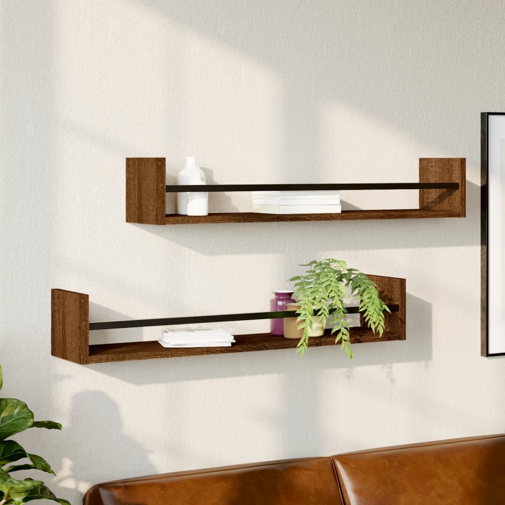 Berkfield Wall Shelves with Bars 2 pcs Brown Oak 80x16x14 cm