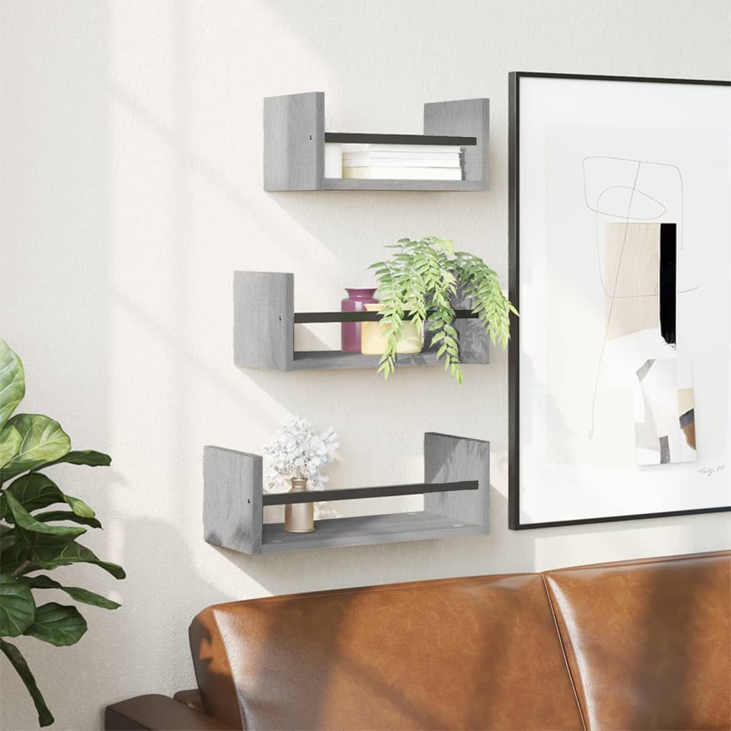 Berkfield 3 Piece Wall Shelf Set with Bars Grey Sonoma Engineered wood
