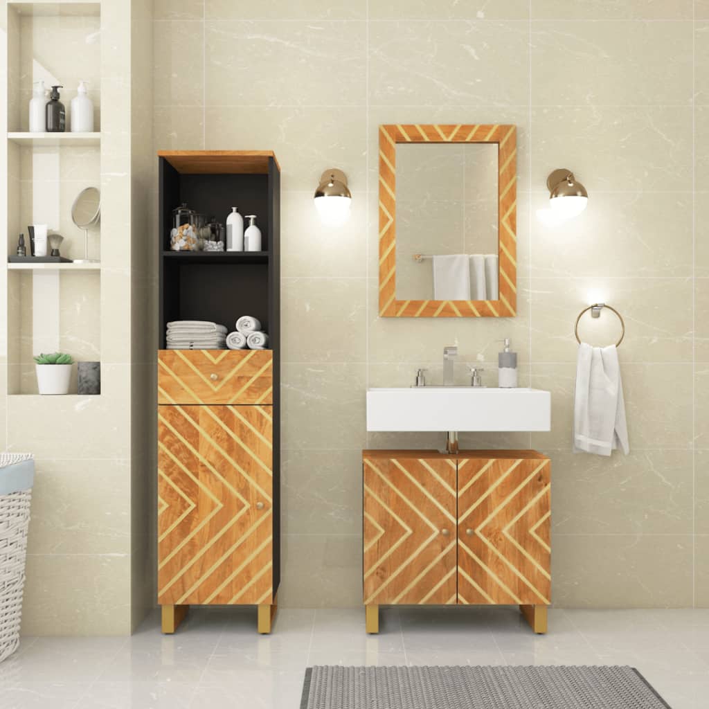 Berkfield 3 Piece Bathroom Cabinet Set Brown and Black Solid Wood Mango