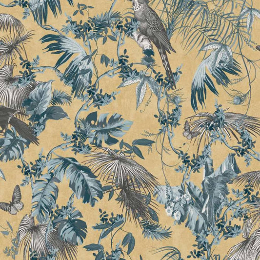 DUTCH WALLCOVERINGS Wallpaper Leaves and Birds Blue and Gold