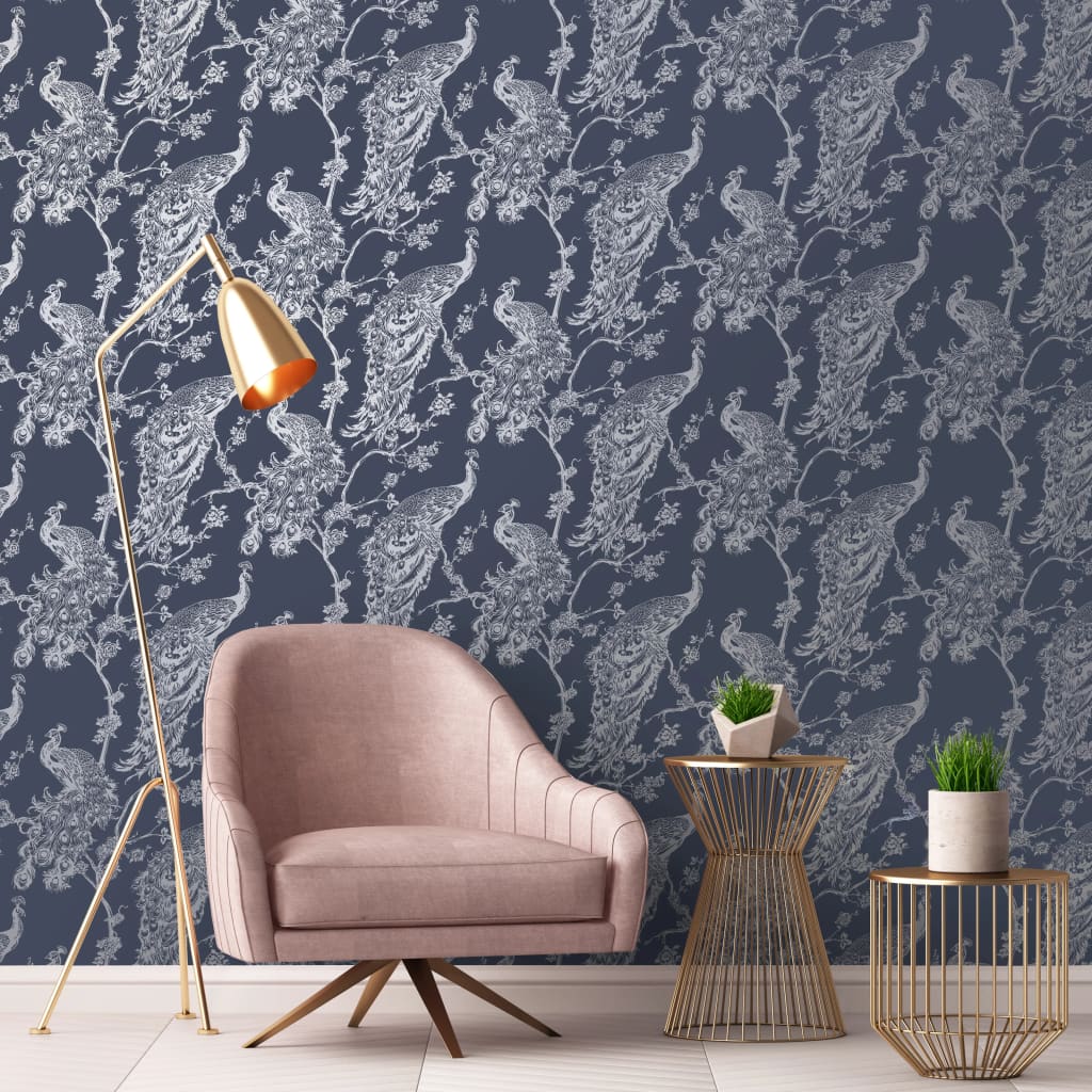 DUTCH WALLCOVERINGS Wallpaper Peacock Navy Blue and Silver