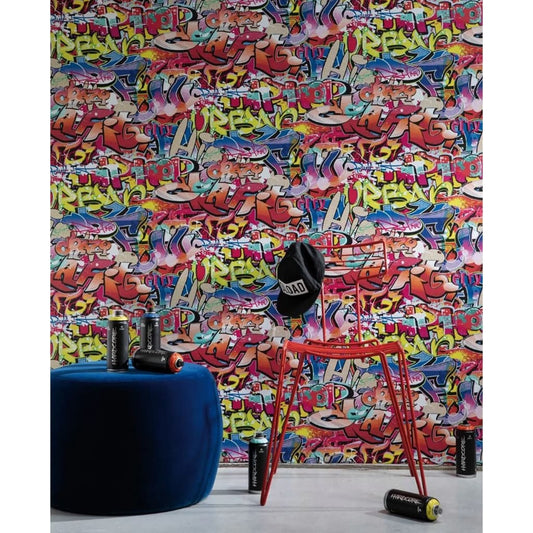 Noordwand Good Vibes Wallpaper Graffiti Pink and Orange