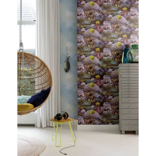Noordwand Good Vibes Wallpaper Coral and Tropical Fish Yellow and Purple