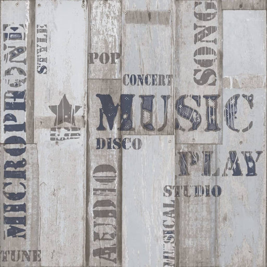 Noordwand Urban Friends & Coffee Wallpaper Wooden Planks Words Blue and Grey