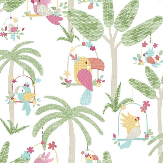 Noordwand Wallpaper Mondo baby Animals Birds Trees Green and Pink