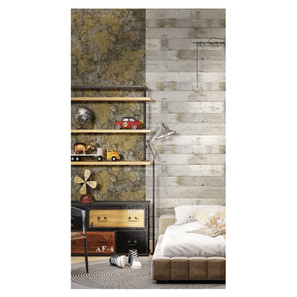 Noordwand Wallpaper Friends & Coffee The World Map Metallic and Grey