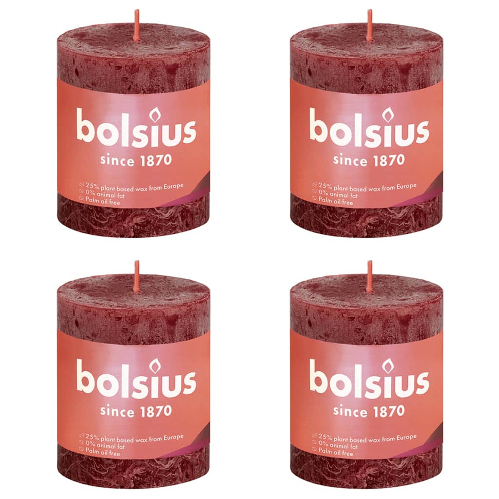Bolsius Rustic Pillar Candles Shine 4 pcs 80x68 mm Velvet Red