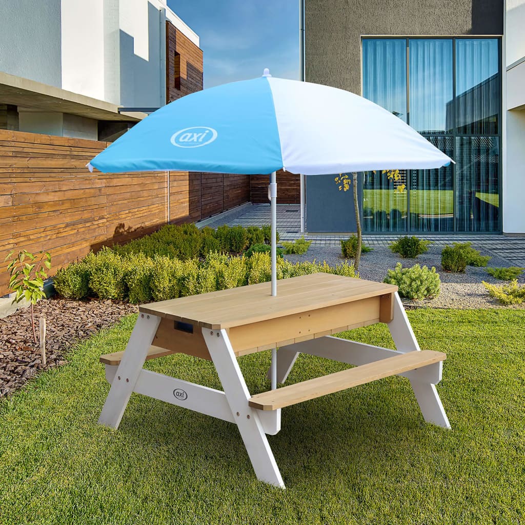 AXI Sand and Water Picnic Table Nick with Umbrella Brown and White