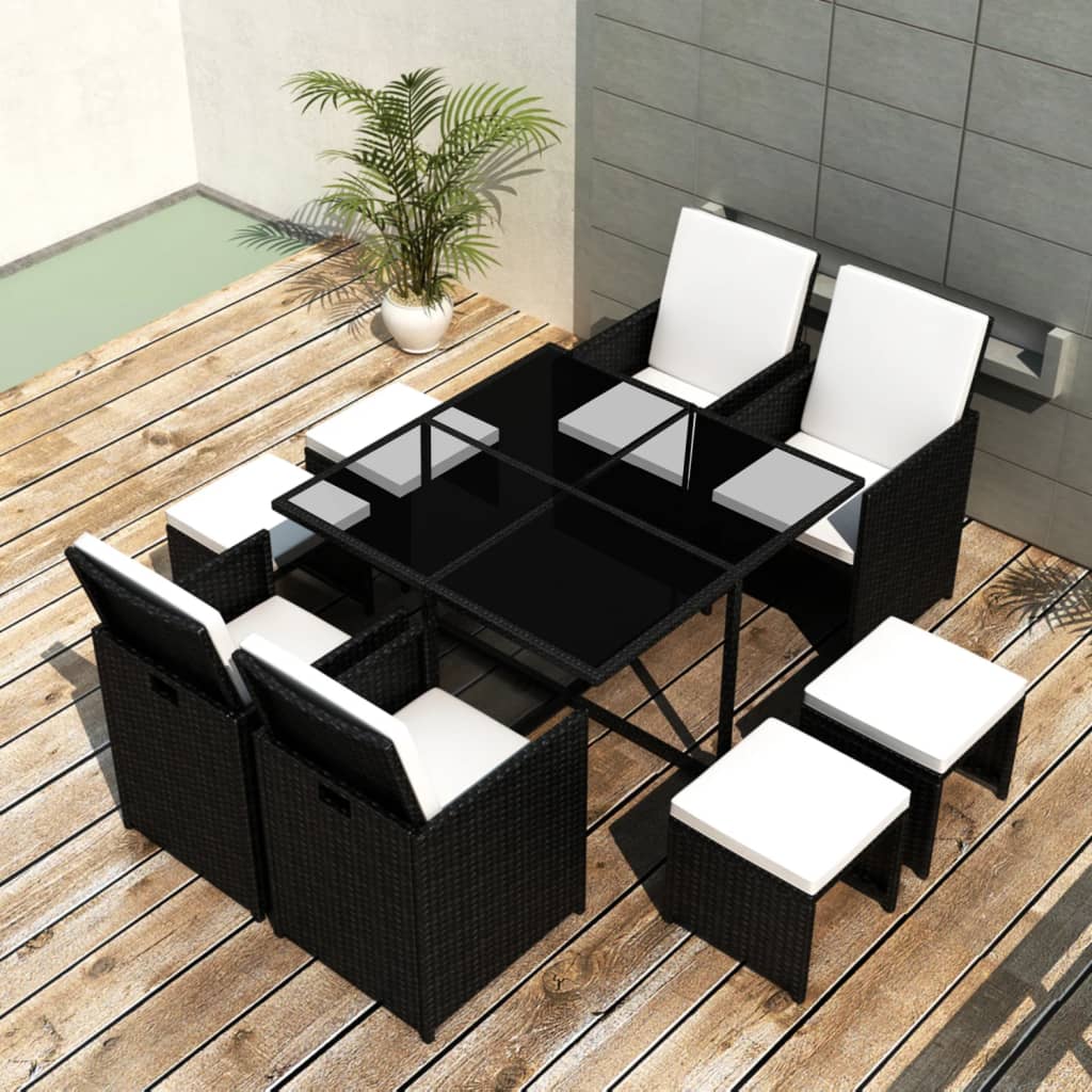 Berkfield 9 Piece Outdoor Dining Set with Cushions Poly Rattan Black