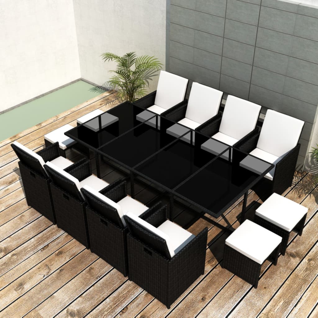 Berkfield 13 Piece Outdoor Dining Set with Cushions Poly Rattan Black