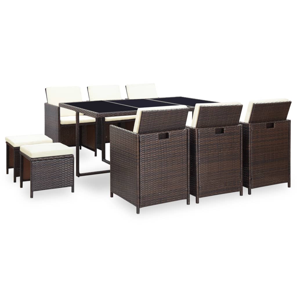 Berkfield 11 Piece Outdoor Dining Set with Cushions Poly Rattan Brown