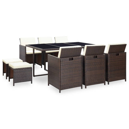 Berkfield 11 Piece Outdoor Dining Set with Cushions Poly Rattan Brown