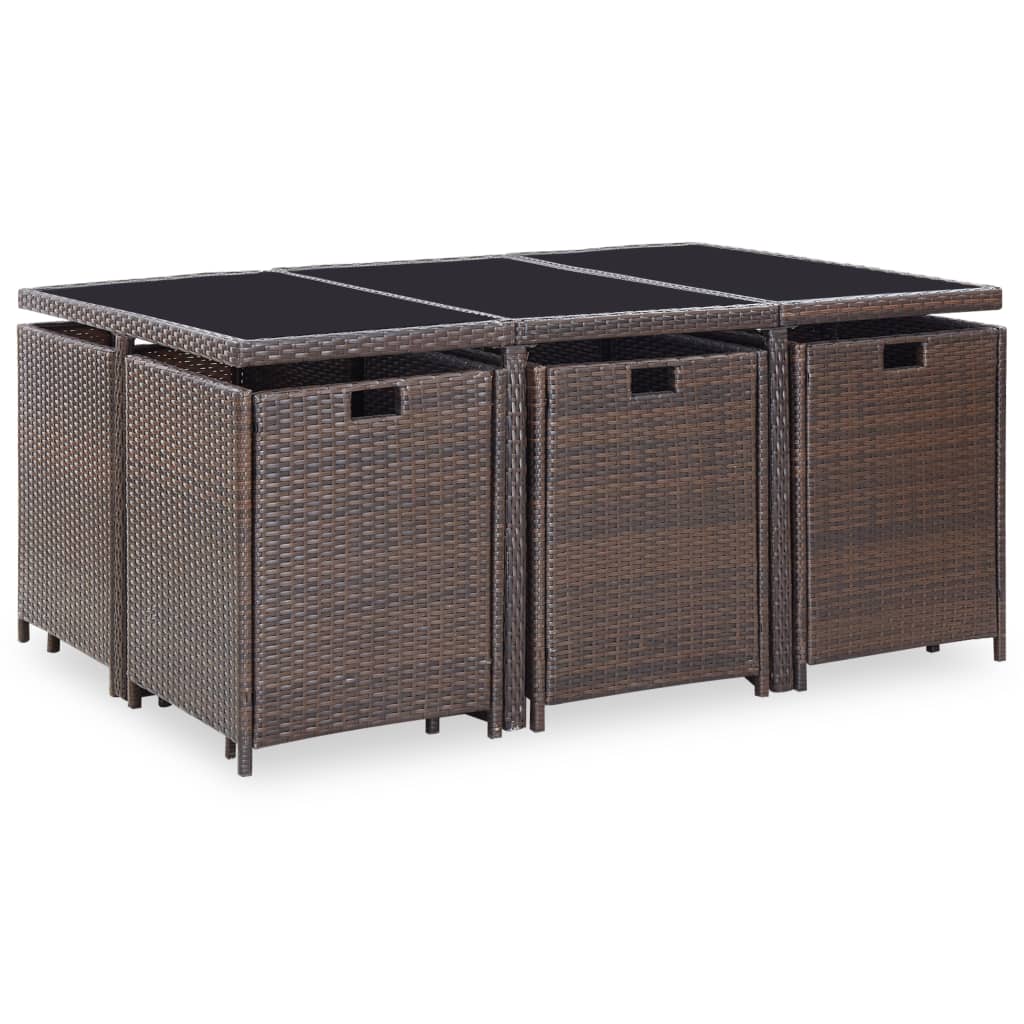 Berkfield 11 Piece Outdoor Dining Set with Cushions Poly Rattan Brown