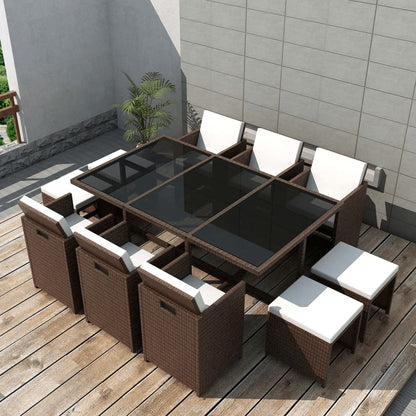 Berkfield 11 Piece Outdoor Dining Set with Cushions Poly Rattan Brown