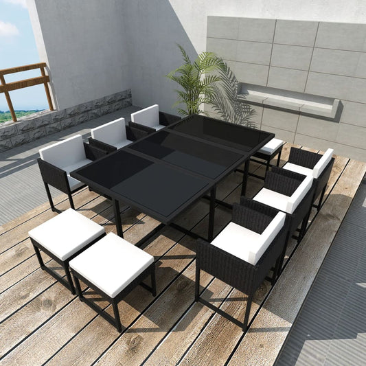 Berkfield 11 Piece Outdoor Dining Set with Cushions Poly Rattan Black