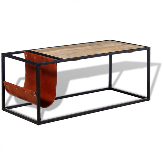 Berkfield Coffee Table with Genuine Leather Magazine Holder 110x50x45 cm