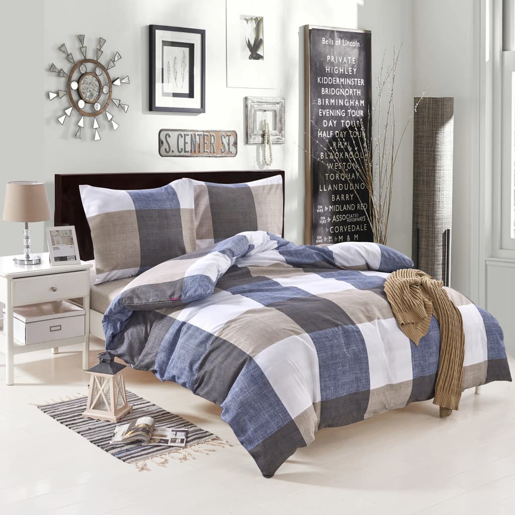 Berkfield Duvet Cover Set Check Print Coffee 200x200/60x70 cm