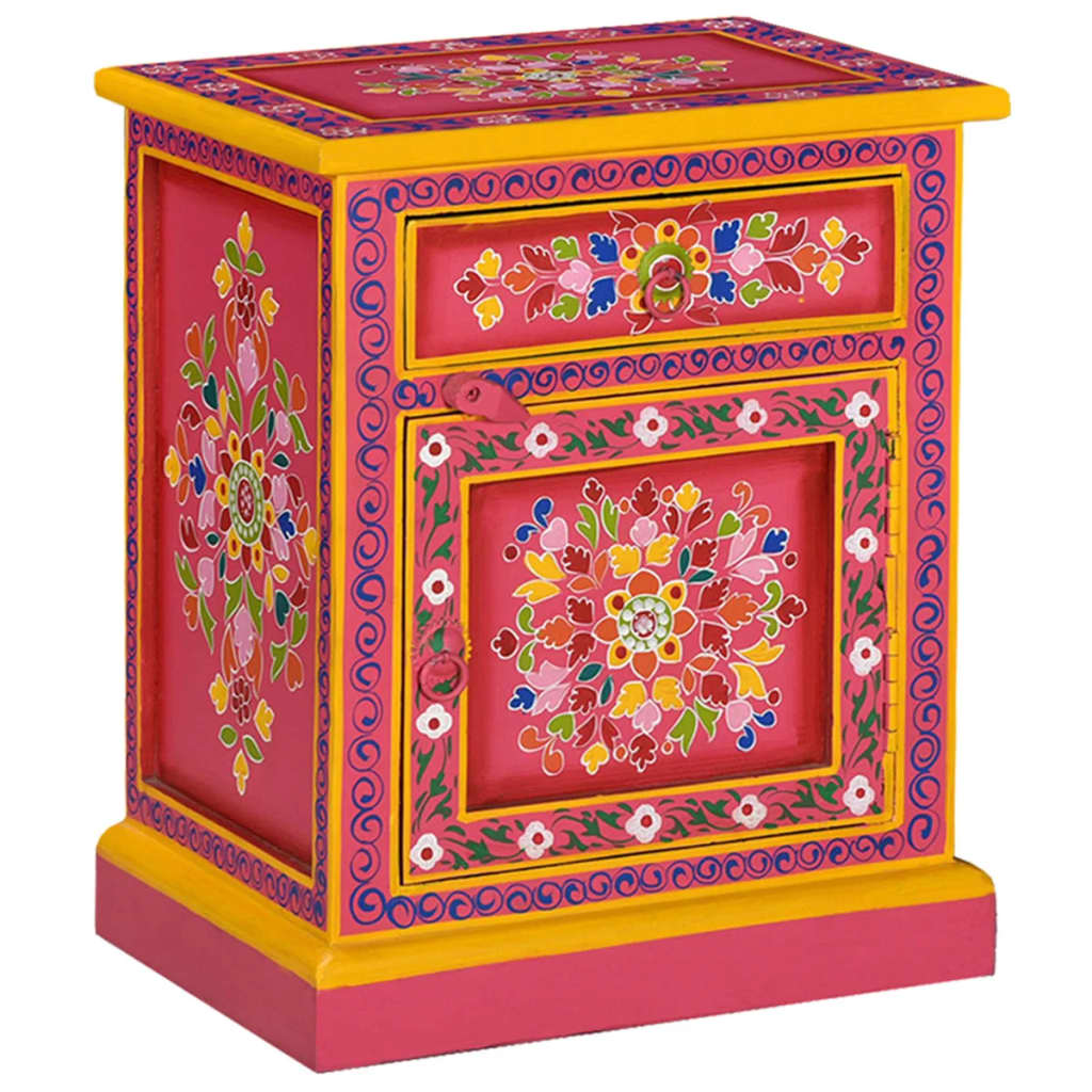 Berkfield Bedside Cabinet Solid Mango Wood Pink Hand Painted