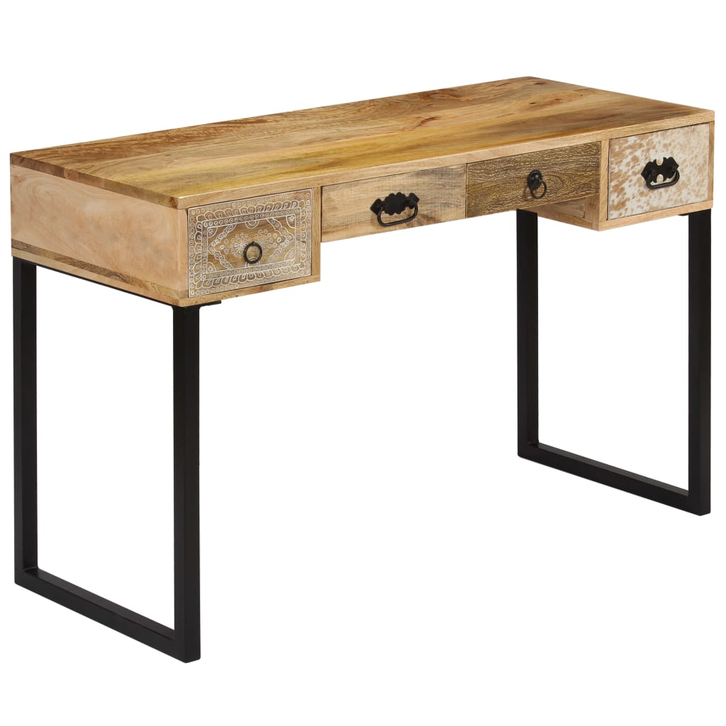 Berkfield Desk Solid Mango Wood and Real Leather 117x50x76 cm