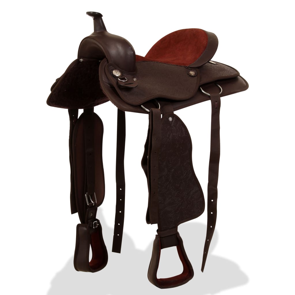 Berkfield Western Saddle. Headstall&Breast Collar Real Leather 17" Brown