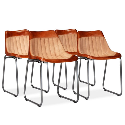 Berkfield Dining Chairs 4 pcs Brown and Beige Real Leather and Canvas