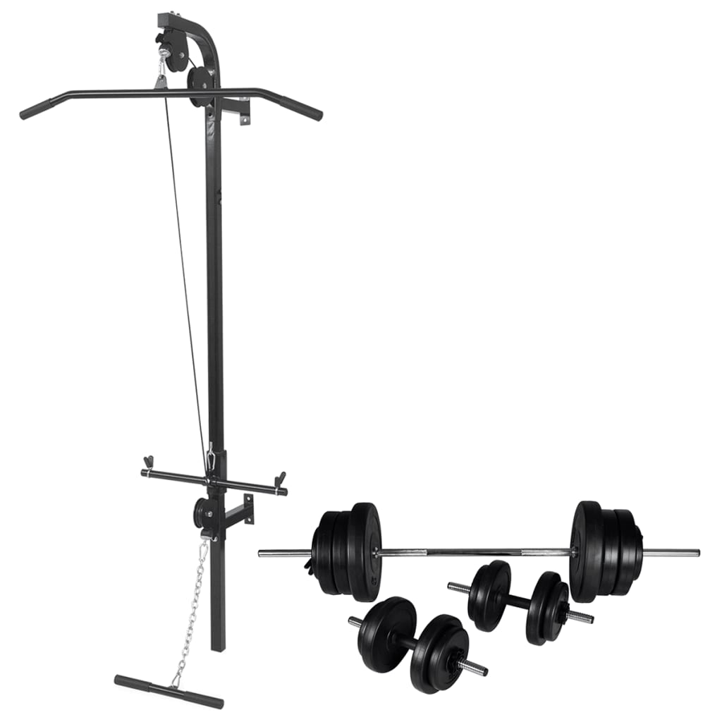Berkfield Wall-mounted Power Tower with Barbell and Dumbbell Set 60.5 kg