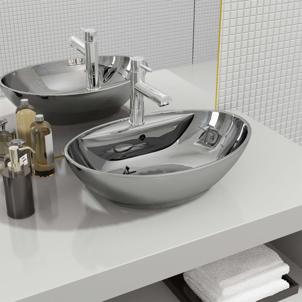 Berkfield Wash Basin with Overflow 58.5x39x21 cm Ceramic Silver