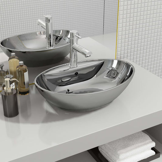 Berkfield Wash Basin with Overflow 58.5x39x21 cm Ceramic Silver