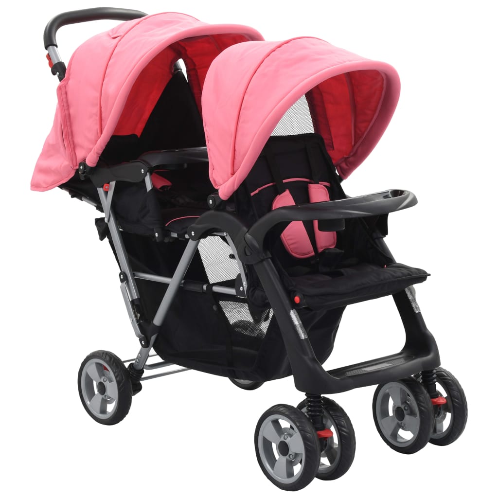 Berkfield Tandem Stroller Pink and Black Steel