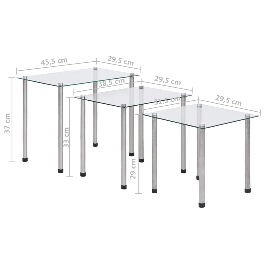 Berkfield Nesting Tables 3 pcs Transparent Tempered Glass