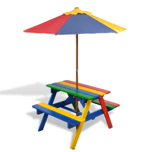 Berkfield Kids' Picnic Table with Benches and Parasol Multicolour Wood