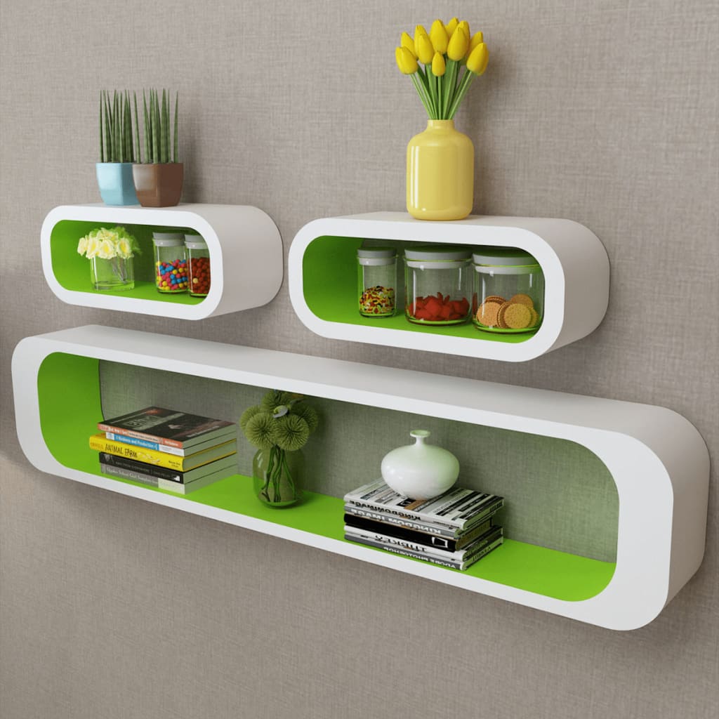 3 White-green MDF Floating Wall Display Shelf Cubes Book/DVD Storage