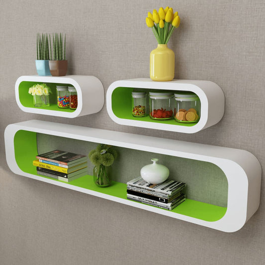 3 White-green MDF Floating Wall Display Shelf Cubes Book/DVD Storage