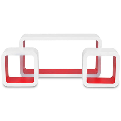 3 White-red MDF Floating Wall Display Shelf Cubes Book/DVD Storage