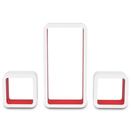 3 White-red MDF Floating Wall Display Shelf Cubes Book/DVD Storage